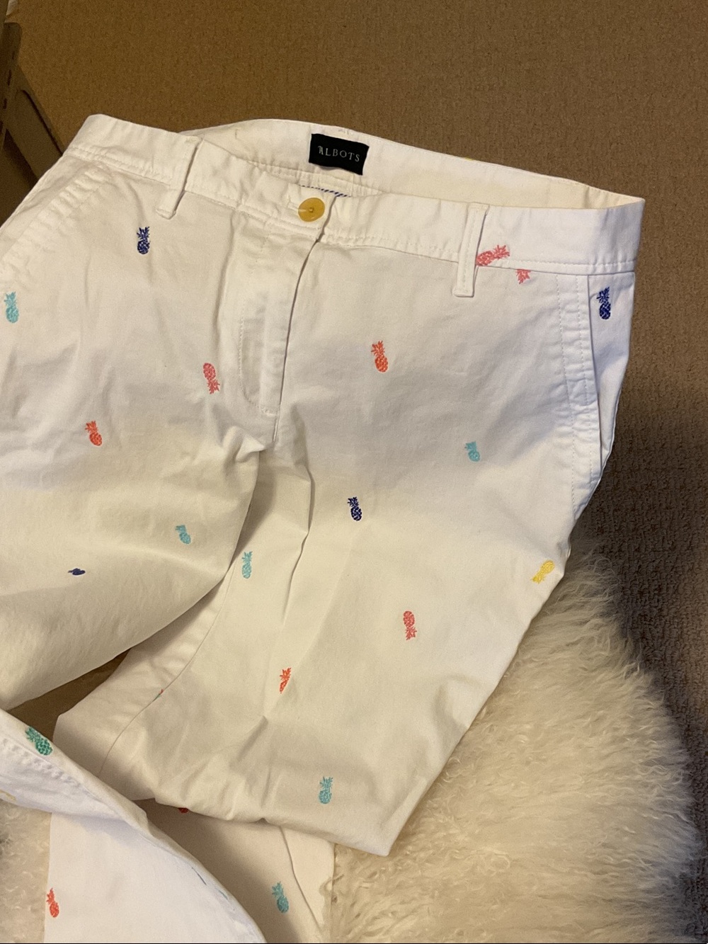 Talbots White Straight-Leg Jeans with Multicolor Pineapple Embroidery